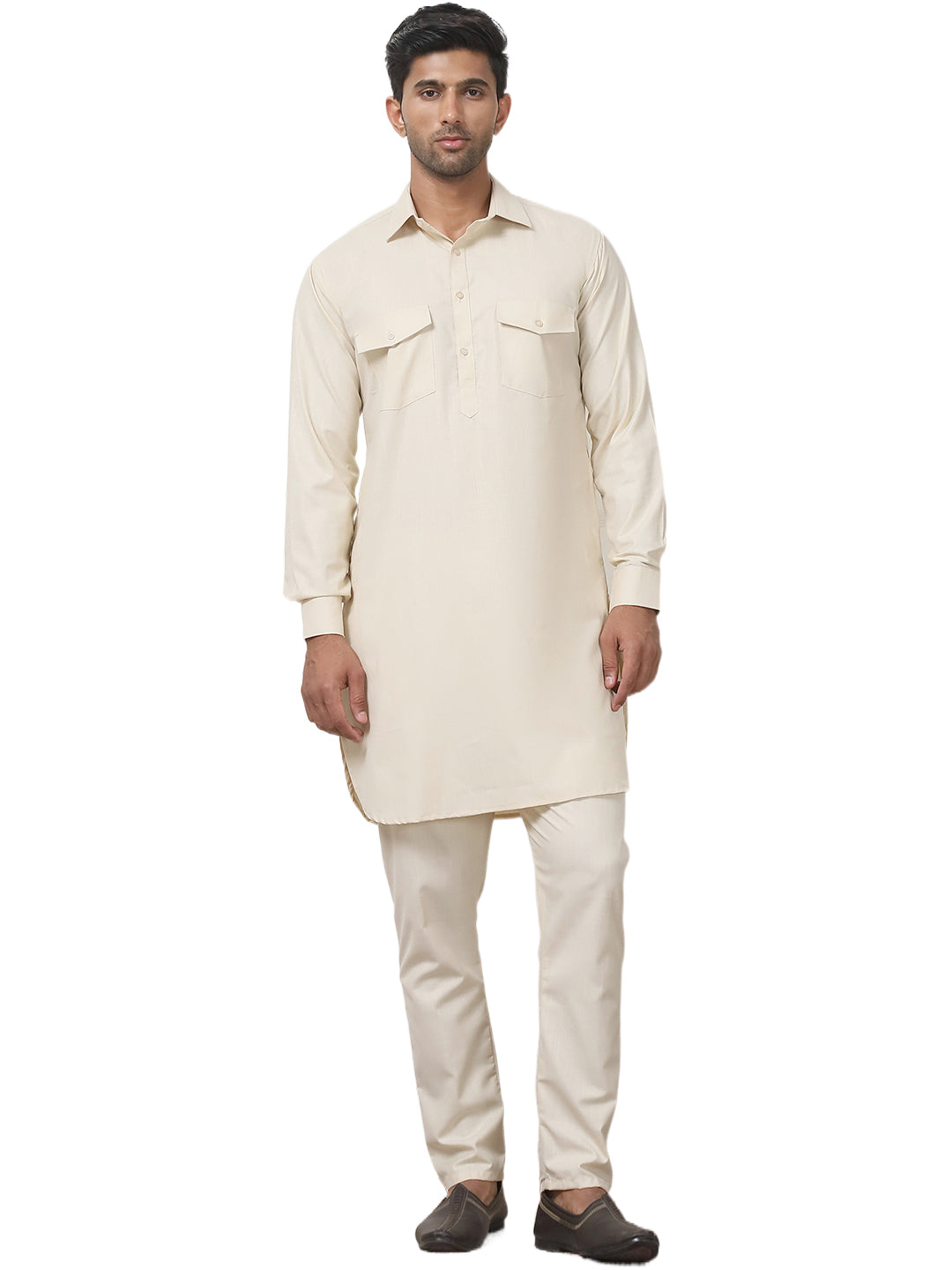 Beige Punjabi Kurta Pajama Set Cotton Indian Outfit for Men  
