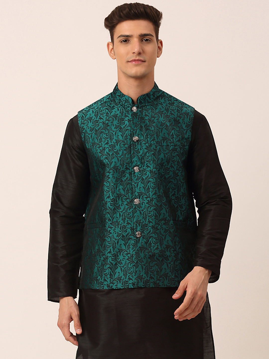 Indian Waistcoat Men's Nehru Jacket Jacquard Pattern (Green