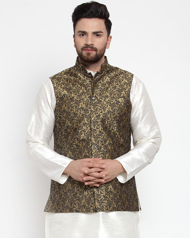 Indian Waistcoat Men's Nehru Jacket Jacquard Pattern (Gold