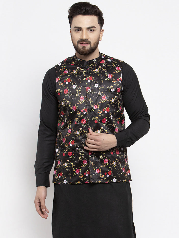 Indian Waistcoat Men's Modi Jacket Floral Print (Black) – Maple