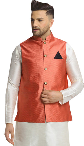 Sleeveless Men's Indian Traditional Nehru Jacket Silk (Peach)