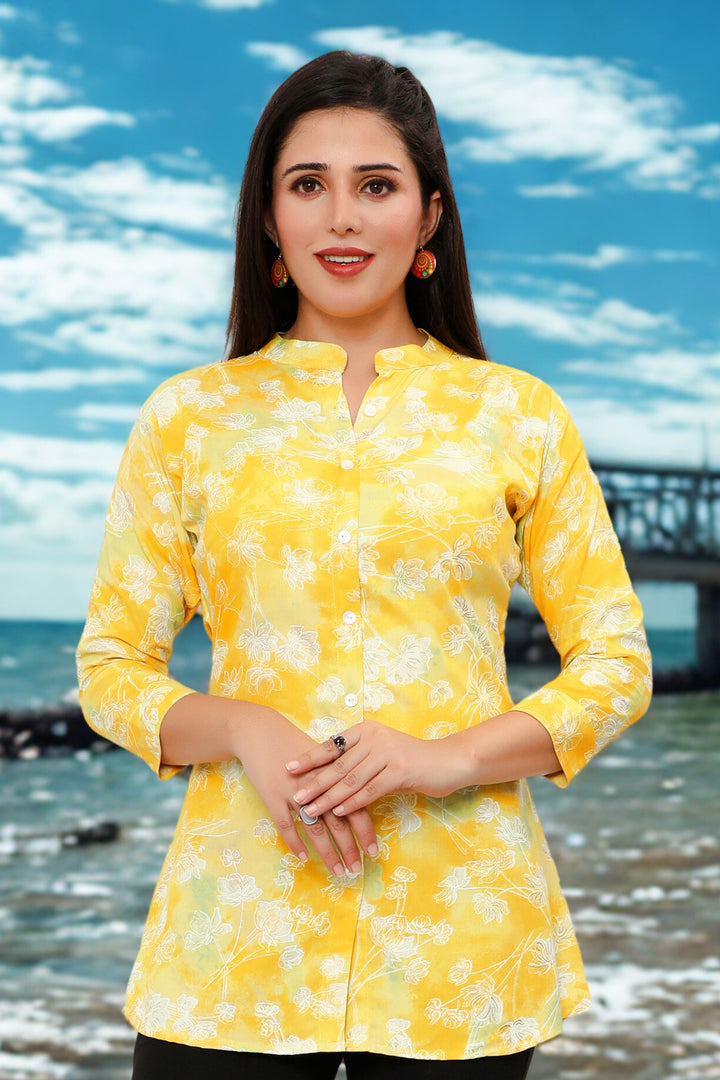 Cotton Short Kurtis Tunic Top Kurta for Women from India (Yellow)
