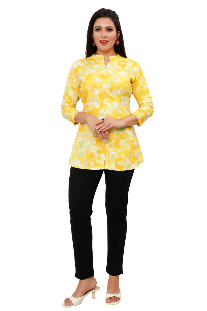 Yellow short cotton kurtis for women