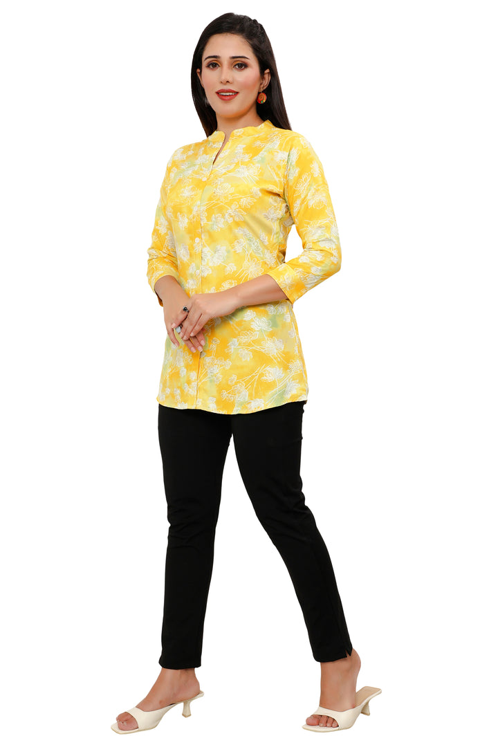 Yellow short cotton kurtis for women