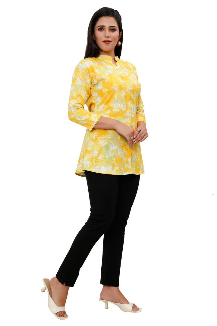 Yellow short cotton kurtis for women