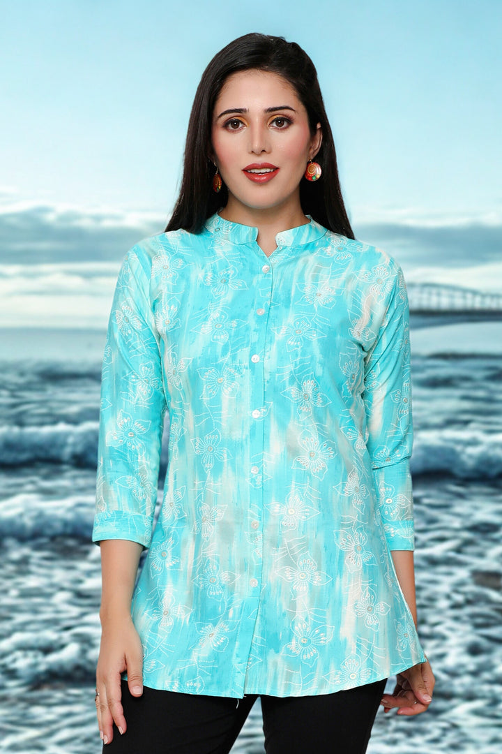 Cotton Short Kurtis Tunic Top Kurta for Women from India (Aqua)