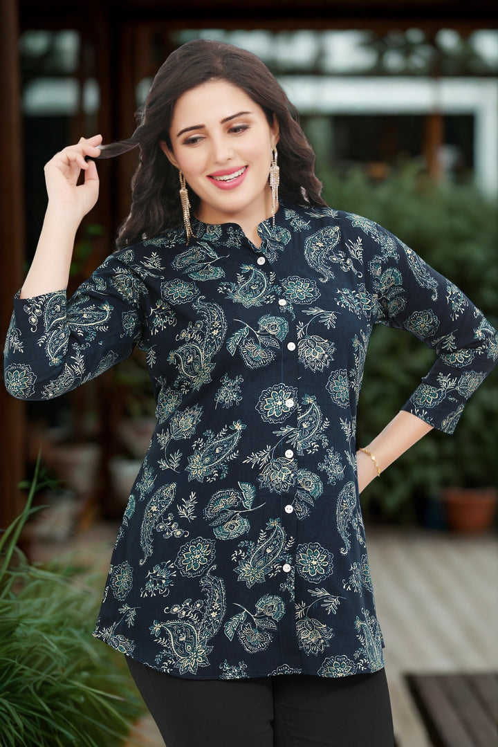 Women's Cotton Short Kurtis Tunic Top Kurta from India (Teal Blue)