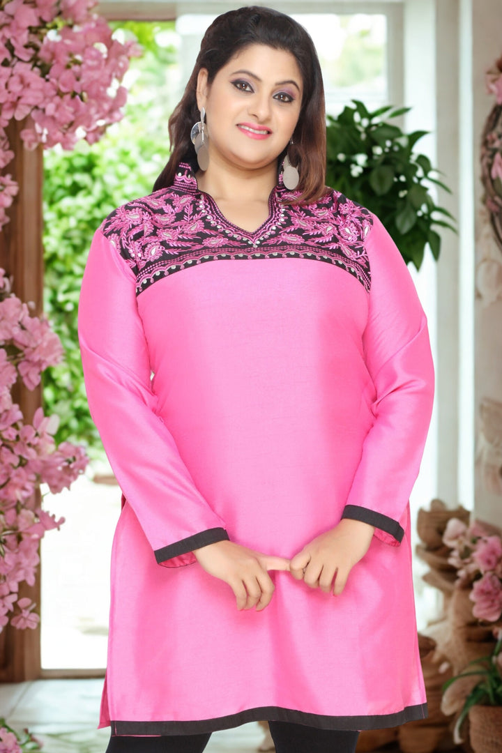 Women's Art Silk Indian Tunics Kurti Long Top Embroidered Plus Size (Pink)