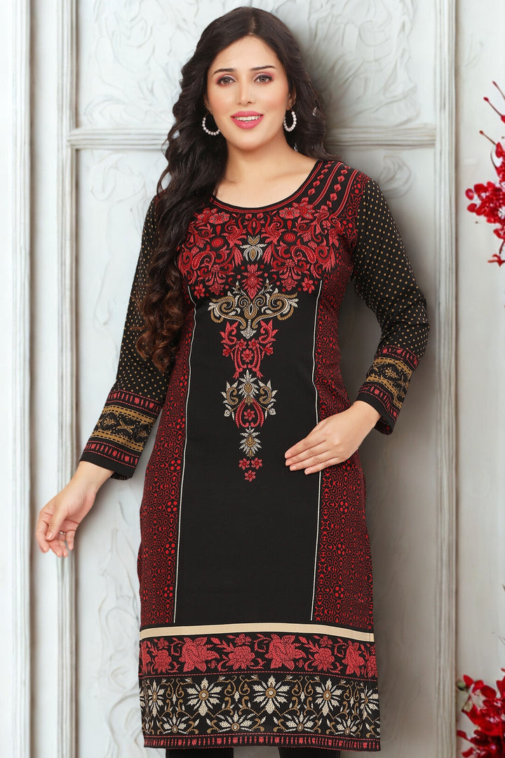Stylish India Long Kurti - Trendy Ethnic Wear for Women (Black-Maroon)