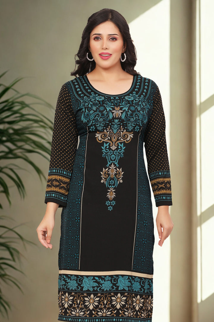 Stylish Green Ethnic Long Kurti - Modern Indian Wear for Women (Black-Green)