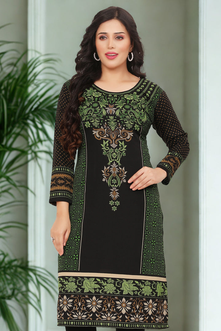 Gorgeous Green Ethnic Long Kurti - Contemporary Indian Fashion for Women (Black-Green)