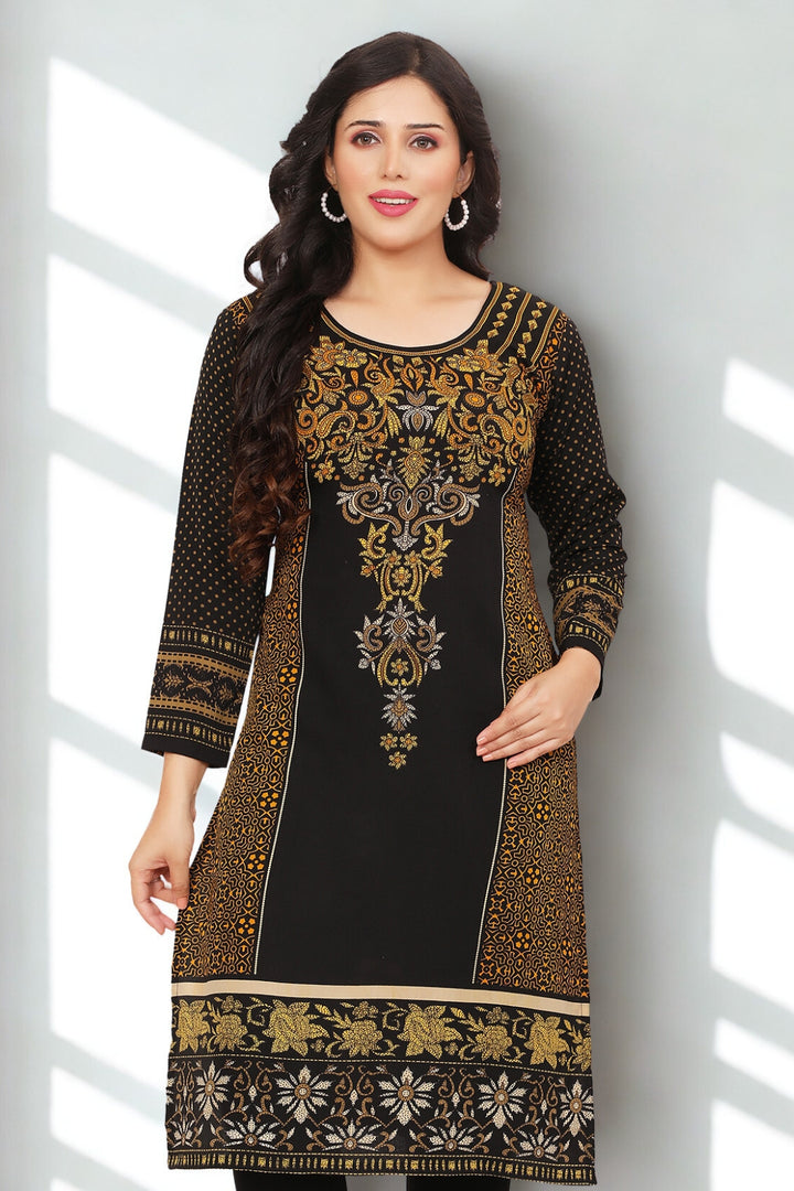 Exquisite Ethnic Long Kurti - Modern Indian Fashion for Women (Black-Brown)
