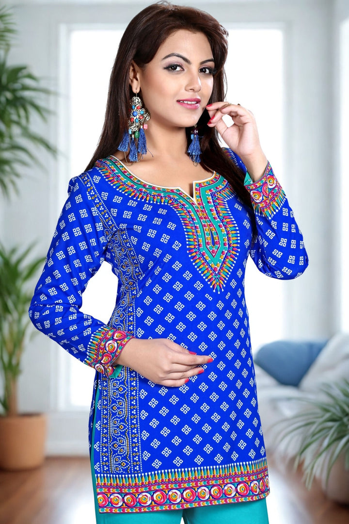 Vibrant Blue Indian Kurta for Women - Stylish Short Kurti