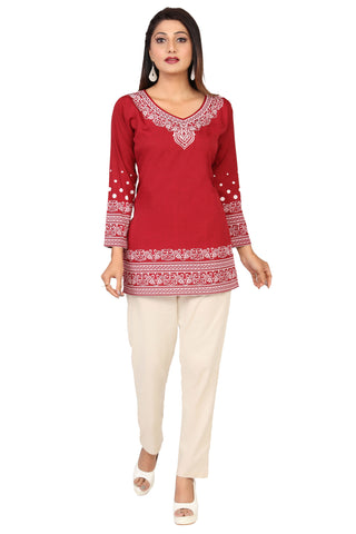 Buy Indian Kurtis Online- Stylish Maroon Printed Kurti Top with White Pattern