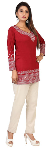 Buy Indian Kurtis Online- Stylish Maroon Printed Kurti Top with White Pattern