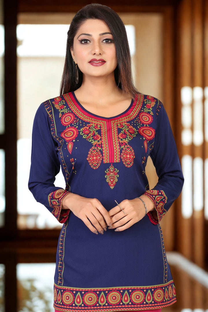 Elegant Blue Printed Indian Clothing Tunic - Stylish Kurti Top for Women