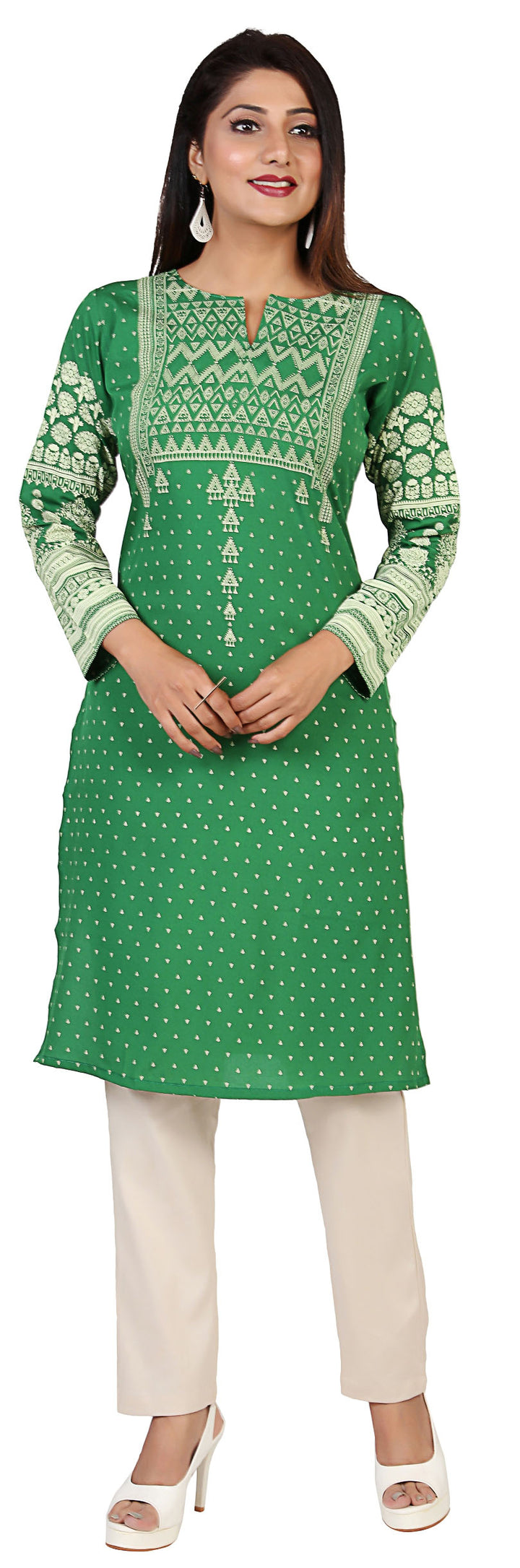 Green long indian tunic top kurta for women