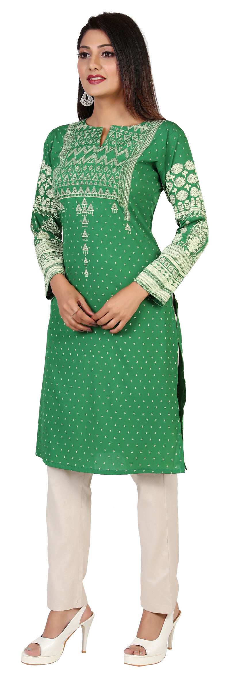 Green long indian tunic top kurta for women