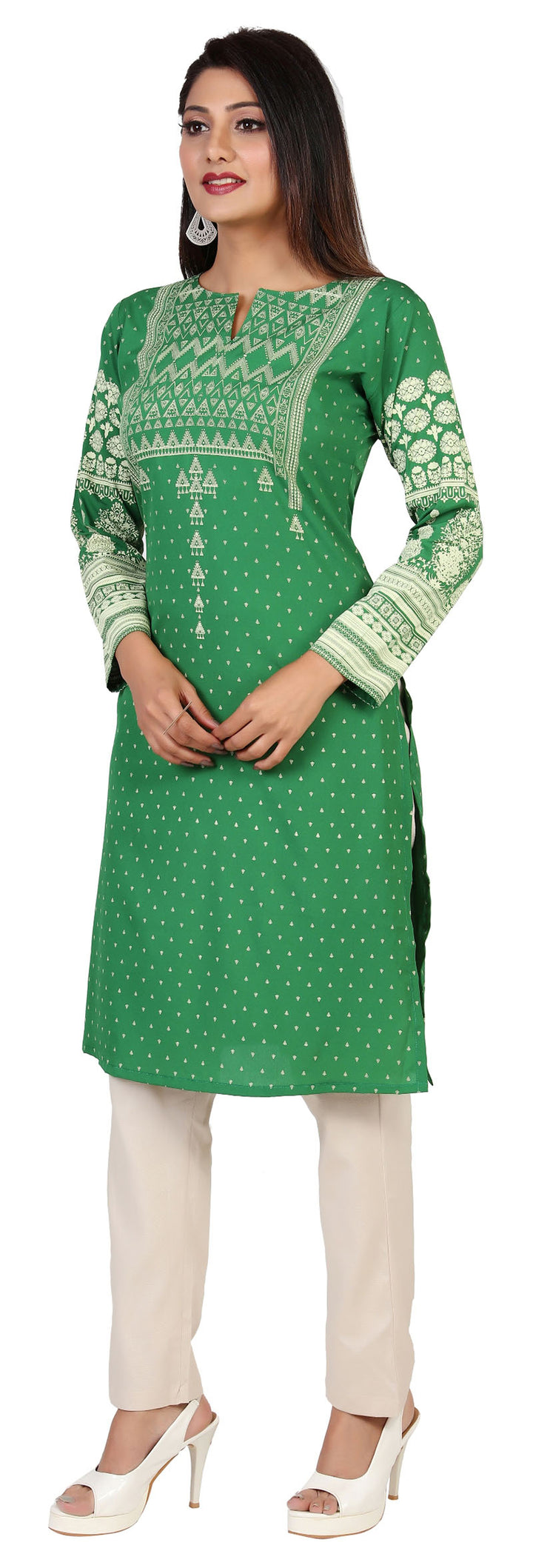 Green long indian tunic top kurta for women
