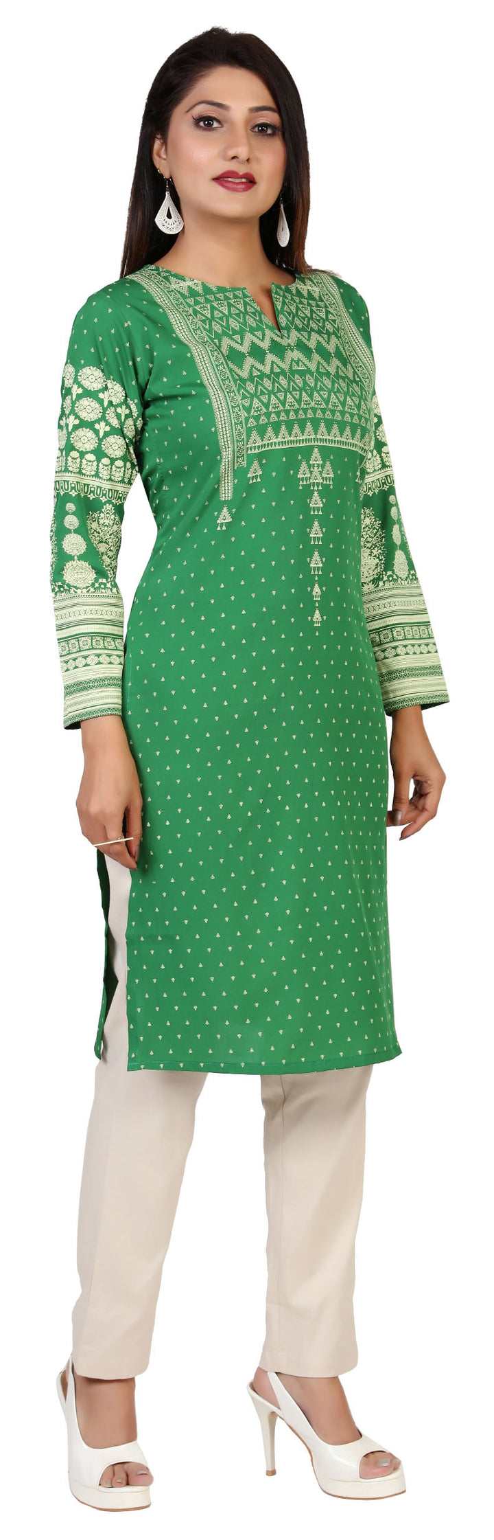 Green long indian tunic top kurta for women