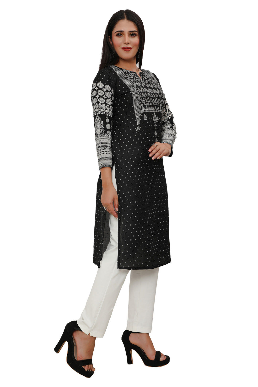 Black long indian kurta tunic top for women