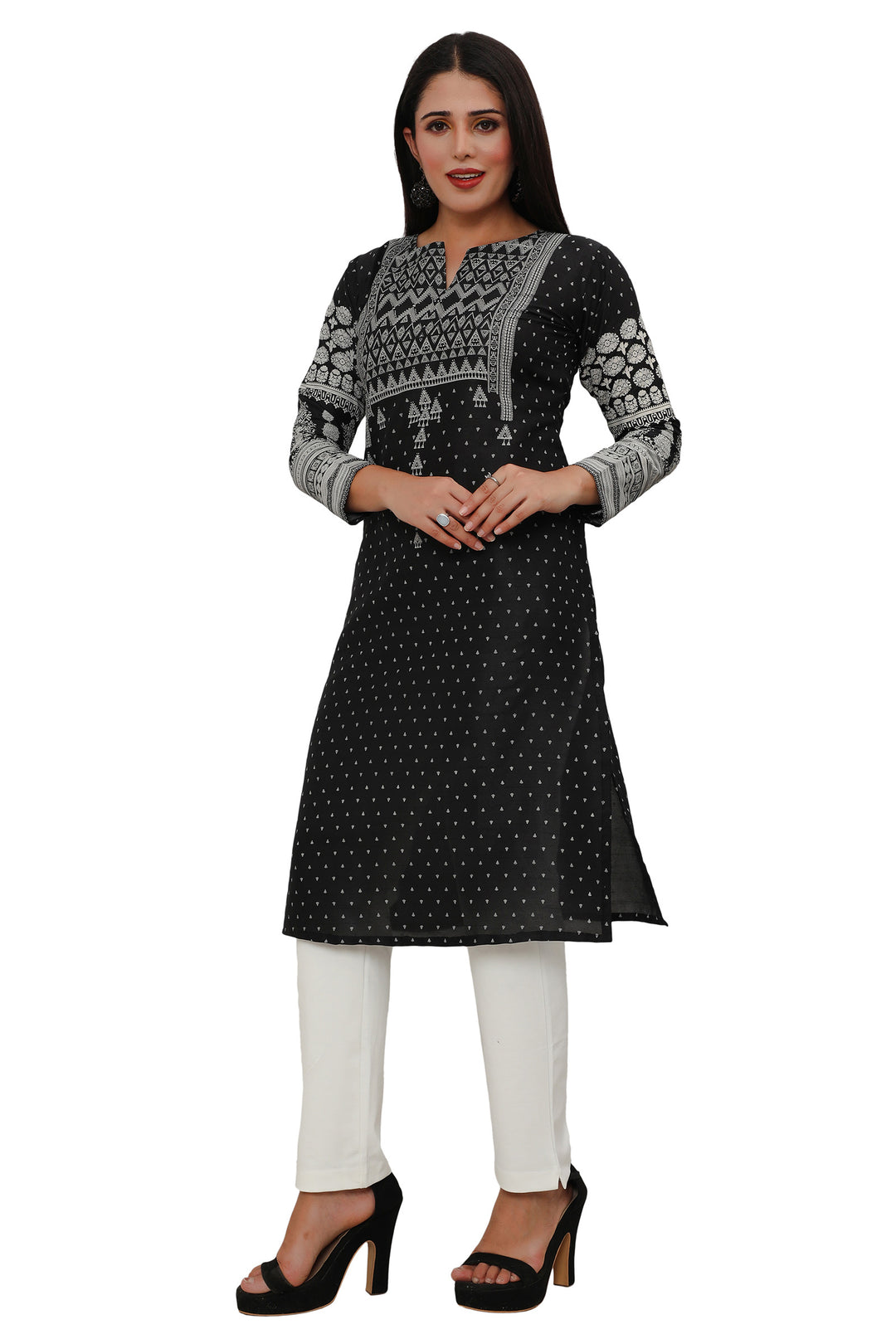 Black long indian kurta tunic top for women