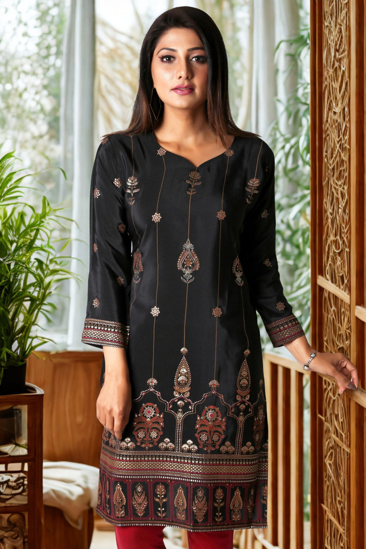 Indian Kurtas for Women Poly Silk Long Kurti Tunic Party Wear Tops (Black)