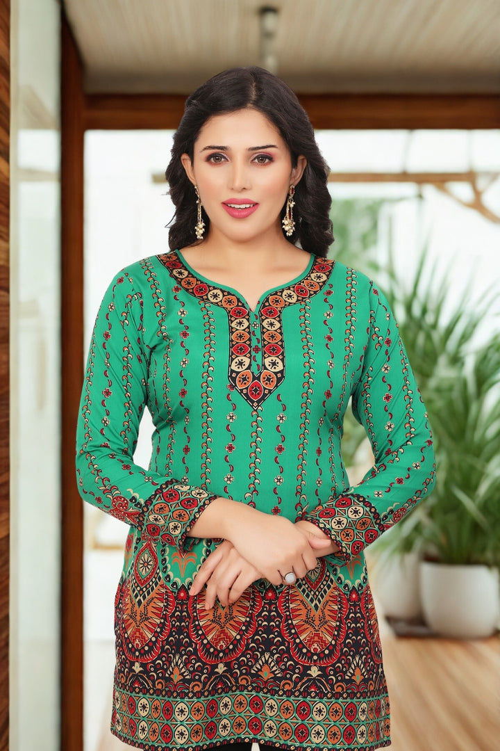 Elegant Green Short Kurti for Women with Intricate Print Design