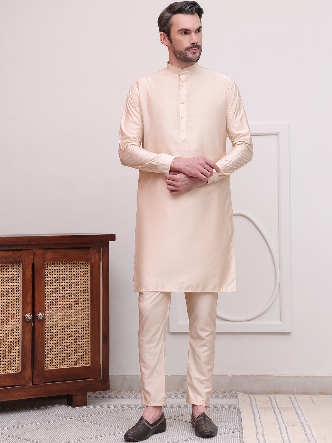Beige Solid Kurta Set for men