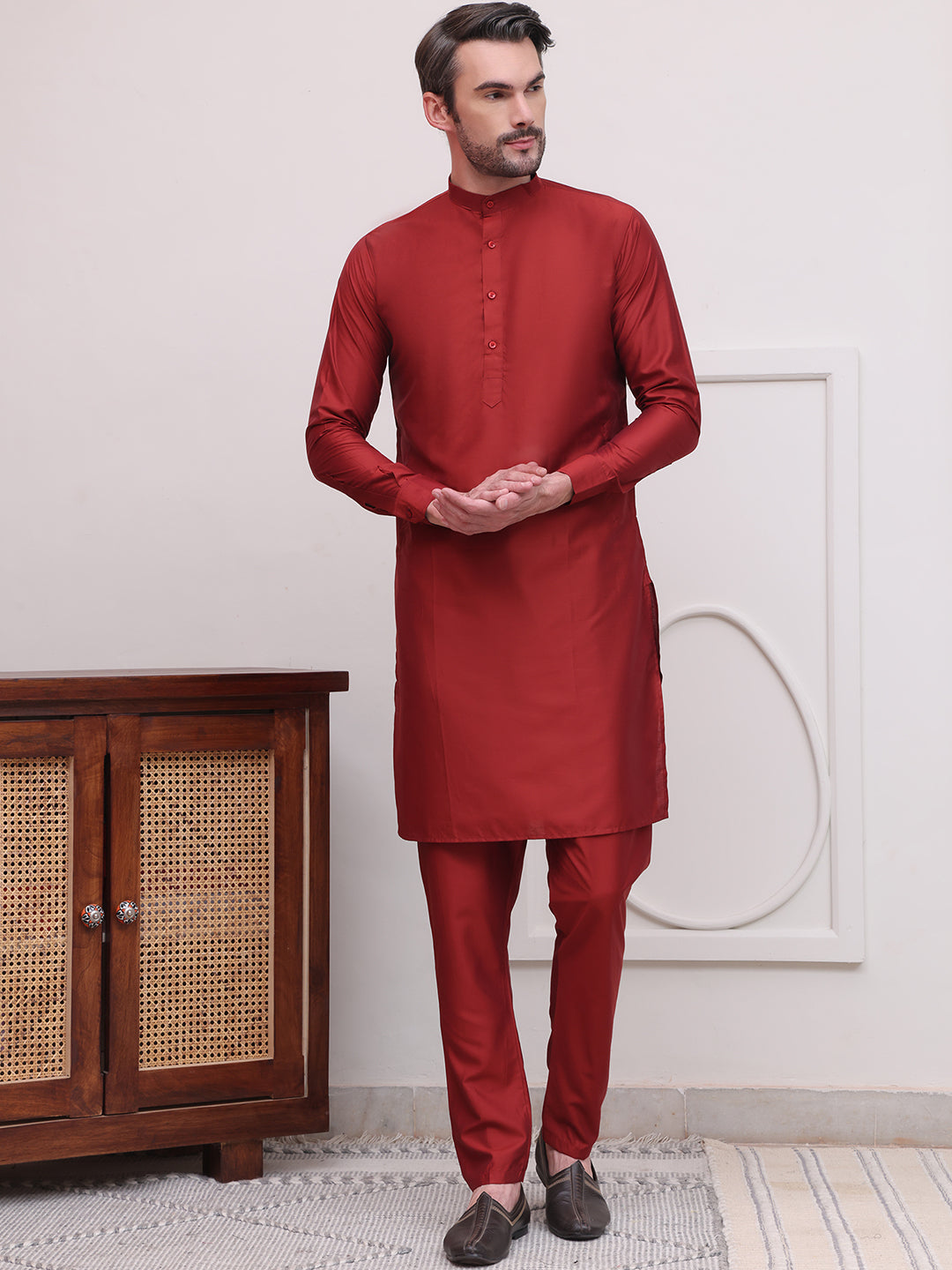 Maroon Solid Kurta Set for men