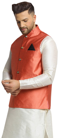 Sleeveless Men's Indian Traditional Nehru Jacket Silk (Peach)