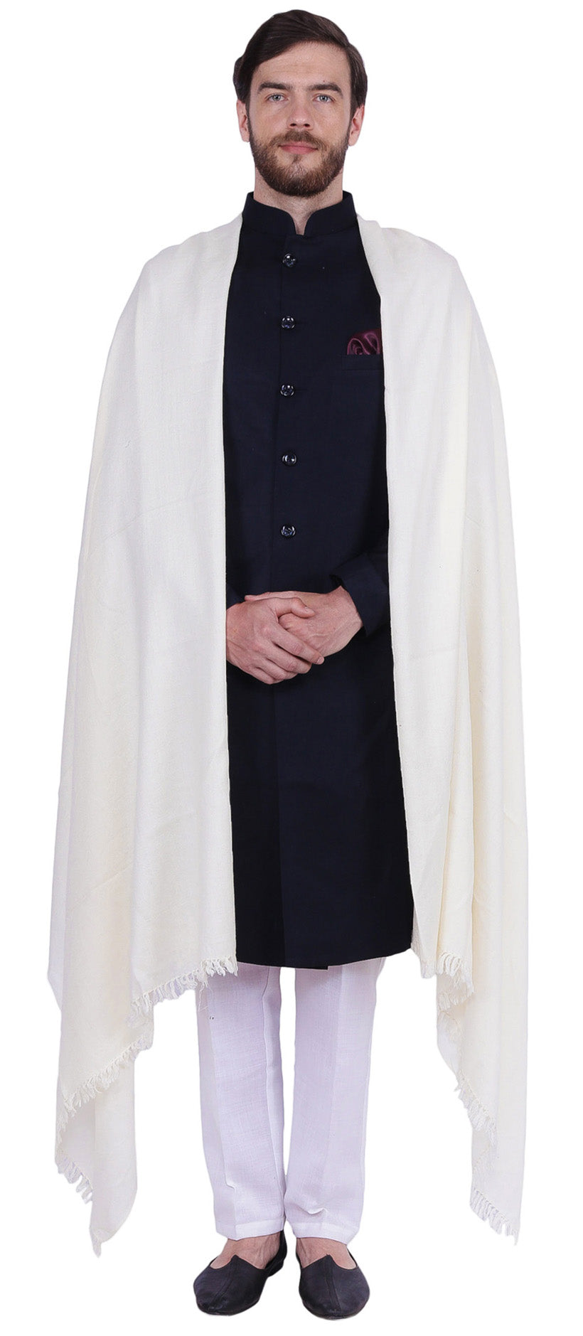 Prayer Indian Shawl Pure Wool Mens Winter India Clothing (Off-White)