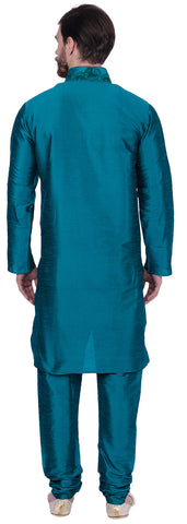 Embroidered Silk Mens Kurta Pyjama Indian Clothes (Turquoise)