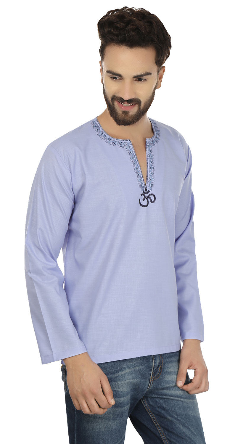 Men's Indian Short Kurta Shirt – Cotton, Blue, Loose Fit Ethnic Wear, Size M